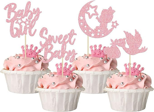 24Pcs Sweet Baby Girl Cupcake Toppers Moon Star Light Pink Glitter Baby Shower Cupcake Picks Decorations for Gender Reveal Baby Shower Kids Girls Birthday Party Supplies