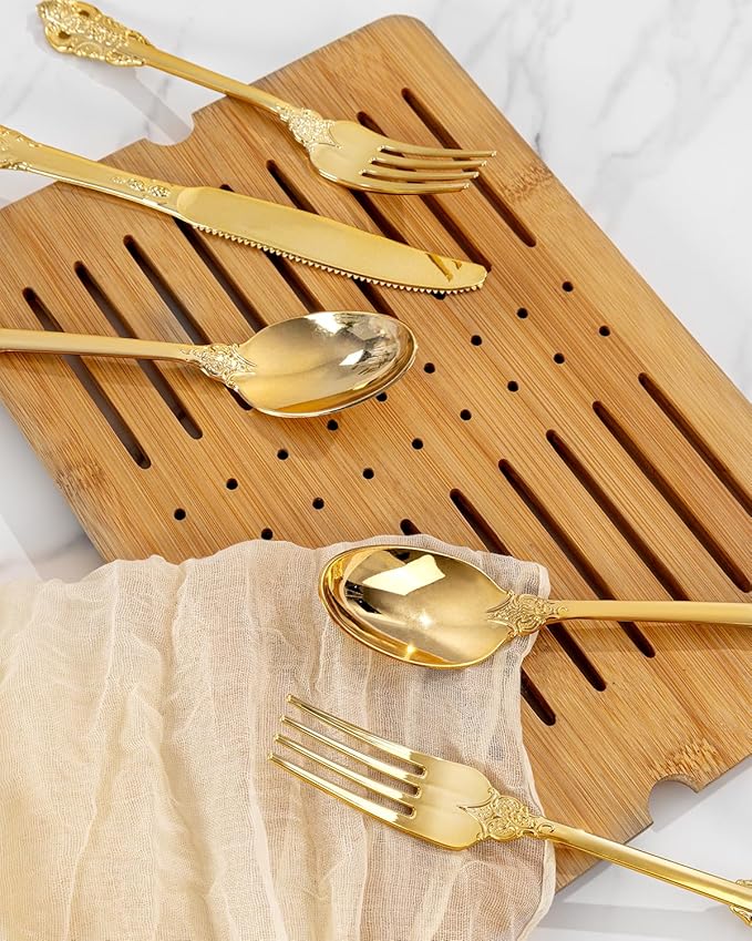 bUCLA HEAVYWEIGHT 300PCS Gold Plastic Silverware Disposable - Extra Heavy Duty Plastic Cutlery - Gold Disposable Utensils Set - Include 100 Knives, 100 Forks, 100 Spoons for Party & Special Moments