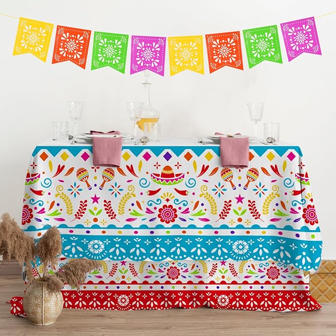 Gatherfun Fiesta Party Supplies & Cinco de Mayo Decorations - Ultimate 2-Pack Mexican Party Supplies with Vibrant Disposable Plastic Tablecloth, 54x108, Mexican Birthday, Taco Events