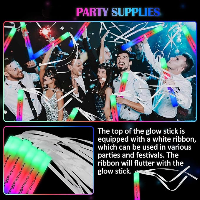 100 Pack Colorful LED Party Foam Light Sticks Batons with Triple Ribbon Christmas Holiday Celebrating Wands 3 Color Lighting Modes for Guests Send Off, Wedding, Festivals, Birthday Party
