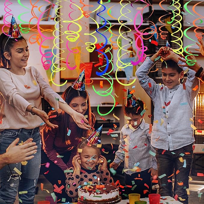 56 PCS UV Colorful Ceiling Swirl Decoration Hanging Paper Neon Streamer for Ceiling Neon Garlands Black Light Neon Decorations for Dark Glow Party Supplies and Decorations Birthday Neon Party Favors