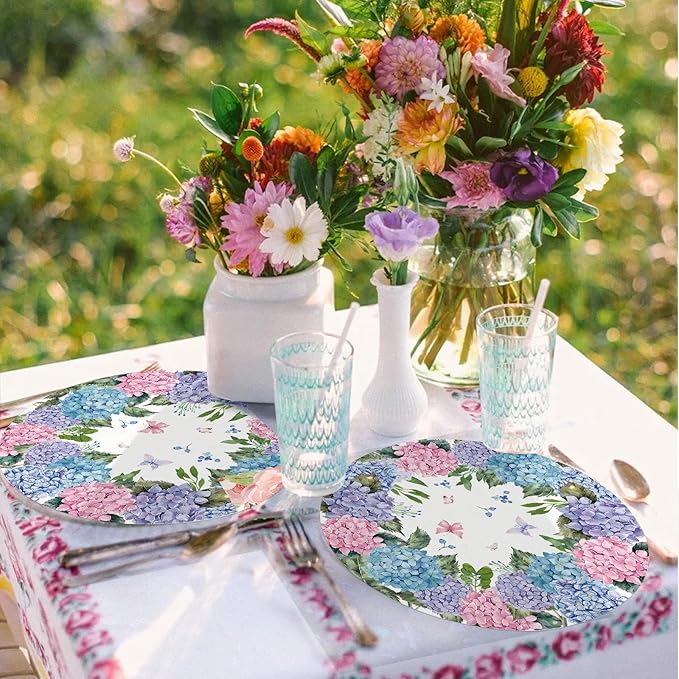 Paper Placemats Disposable 50 Pack Hydrangea Placemats 13.7 Inch Hydrangea Floral Place Mats Round Table Mats Spring Summer Table Mats for Birthday Wedding Party Supplies