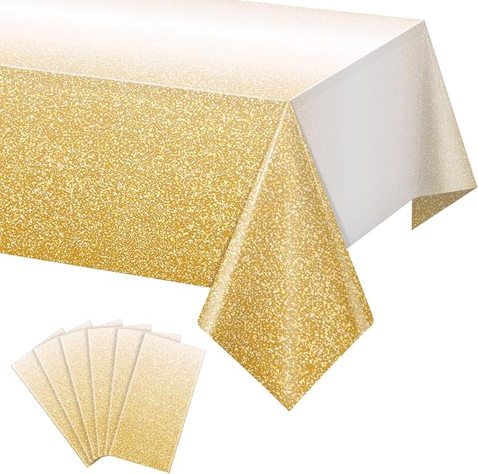6 Pack Ombre Gold Plastic Tablecloth for Parties, Gradient Yellow Gold Disposable Tablecloths for Rectangle Tables, Light Gold Sprinkle Table Cover for Wedding Birthday Anniversary Party, 54 x 108Inch