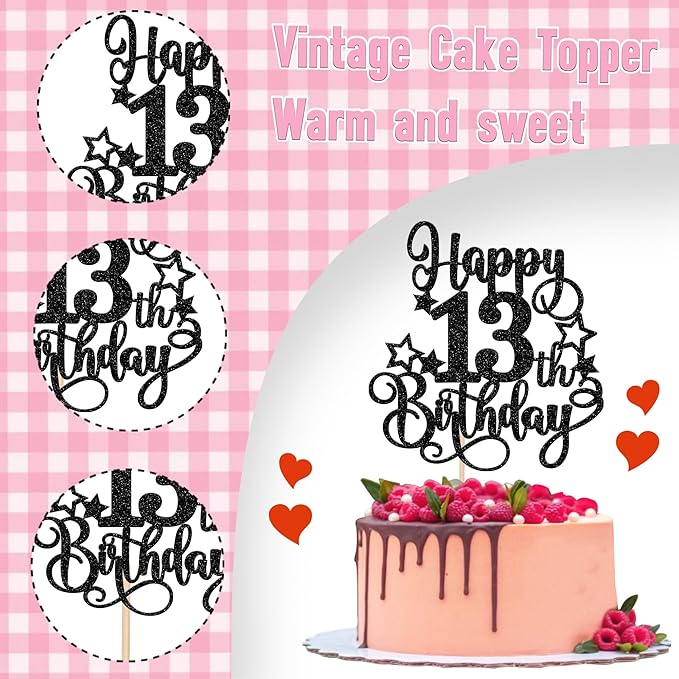 1 PCS Happy 13th Birthday Cake Topper Glitter Cheers to 13 Years Birthday Cake Pick Hello 13 Fabulous Cake Decoration for Happy 13th Birthday Anniversary Party Decorations Supplies Black