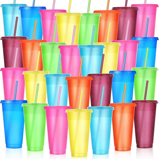 Honeydak 30 Pack Tumbler with Straw and Lid Bulk Cups for Gifts Glitter Plastic Coffee Cups 24-27 oz Reusable Water Bottle Iced Coffee Travel Mug Party Favors for Birthdays Travel (Elegant Color)