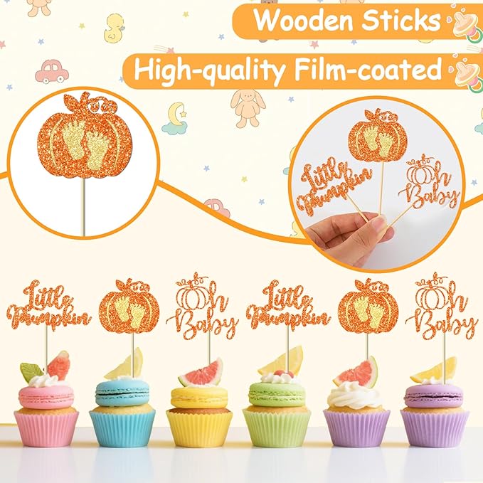 Little Pumpkin Cupcake Toppers, 24 Pcs Glitter Pumpkin Cupcake Picks Little Pumpkin Baby Shower Decorations Little Pumpkin Baby Shower Party Supplies