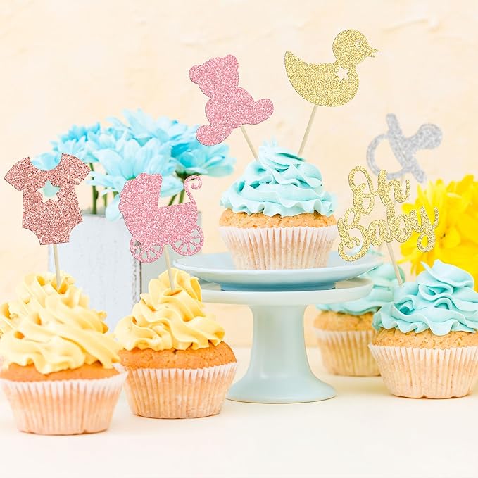 Gyufise 36Pcs Baby Shower Cupcake Toppers Glitter Oh Baby Cupcake Picks Bear Pacifier Baby Carriage Gender Reveal Cake Decorations for Baby Shower Kids Birthday Party Supplies Colorful