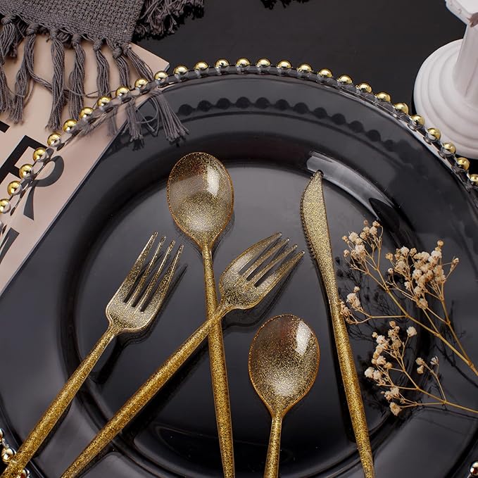 Supernal 180pcs Gold Plastic Silverware Durable Plastic Silverware Gold Glitter Color Party Cutlery Disposable Flatware Heavy Duty Include 60 Forks,60 Knvies,60 Spoons for Wedding,Birthday