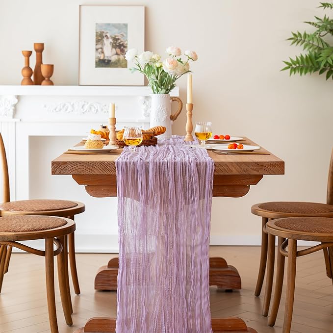 FEXIA 3 Pack Lilac Cheesecloth Table Runner 35x120 Inches for Baby Shower Decorations Spring Easter Table Runners for Wedding Party First Communion Centerpiece Engagement Bridal Shower Boho Decor