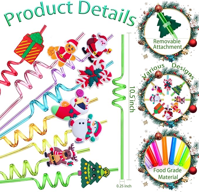 48PCS Pary Straws - 24 Christmas Straws and 24 Glitter Snowflake Straw for Party Favors Decors - Reusable Crazy Straw for Kids Winter Xmas Party Supplies, Plastic Drinking Straw for Kids New Year