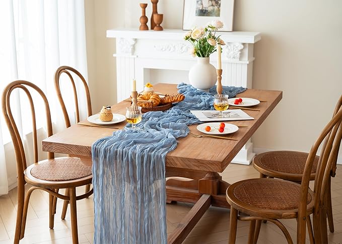 FEXIA Dusty Blue Cheesecloth Table Runner Boy Baby Shower Wedding Decorations Spring Gauze Table Runner for Bridal Shower Party Winter Wonderland Decoration 35x120 Inches