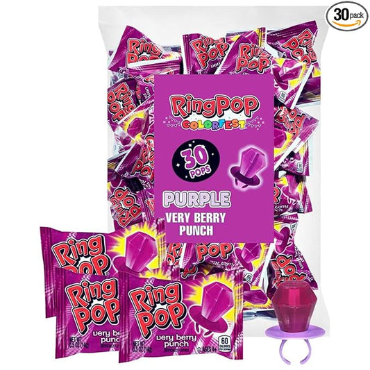 Ring Pop Purple Christmas Candy Lollipops, 30 Ct Bulk Individually Wrapped in Very Berry Punch Flavor, Full Size, Fun Candy For Birthday, Party Favors, Holiday Gifts For Kids, Stocking Stuffers