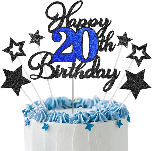 20th Birthday Cake Topper, Black Blue Happy 20th Birthday Cake Toppers for Boy Girl, 20 Years Old Birthday Party Supplies, Glitter Cake Decor, 20th Birthday Cake Decorations