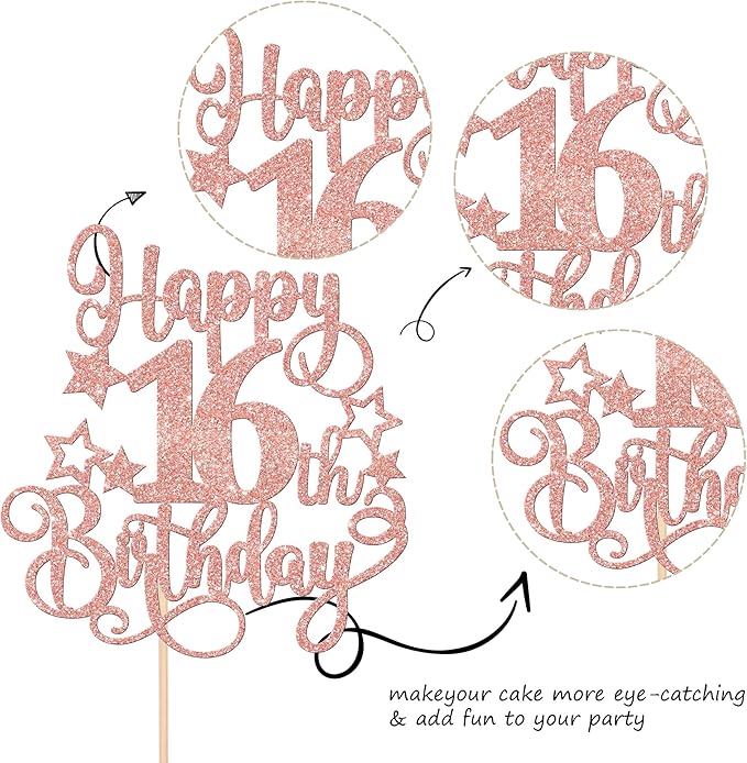 1 PCS Happy 16th Birthday Cake Topper Glitter Cheers to 16 Years Birthday Cake Pick Hello 16 Fabulous Cake Decoration for Happy 16th Birthday Anniversary Party Decorations Supplies Rose Gold