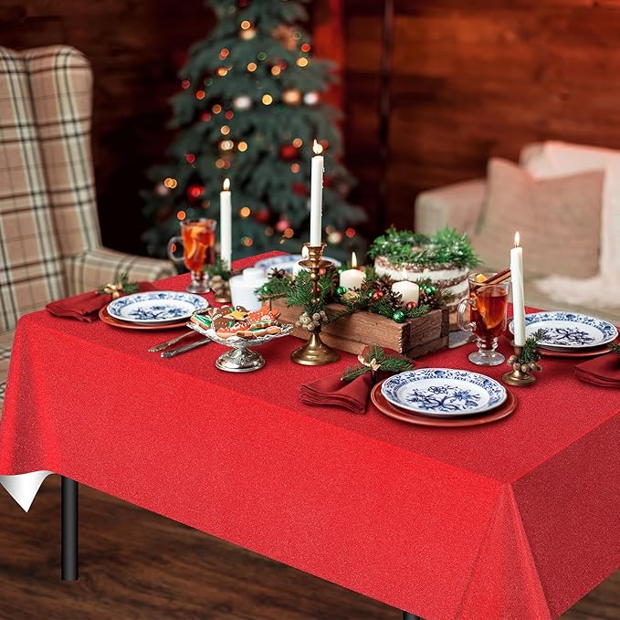 FunnyPars 6 Pack Iridescent Red Plastic Tablecloth,Glitter Disposable Laser Rectangle Table Covers,Red Holographic Foil Table Cloth Christmas Birthday Wedding Anniversary Party Decorations,54x108Inch