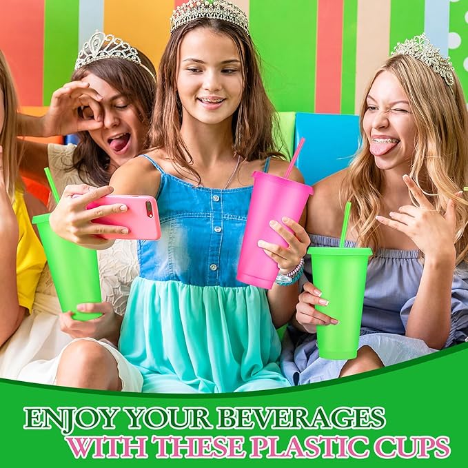 Honeydak 30 Pack Tumbler with Straw and Lid Bulk Cups for Gifts Glitter Plastic Coffee Cups 24-27 oz Reusable Water Bottle Iced Coffee Travel Mug Party Favors for Birthdays Travel (Pink and Green)