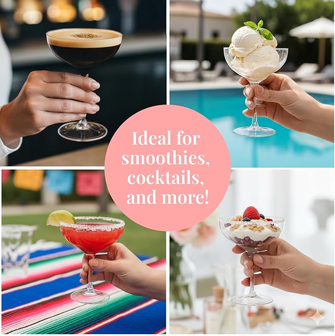 Prestee 24 Clear Plastic Coupe Glasses 4oz - Disposable Plastic Cocktail Cups, Martini Glasses, Margarita Glass, Champagne Glass for Parties, Cinco de Mayo, Taco Party, Weddings Decorations