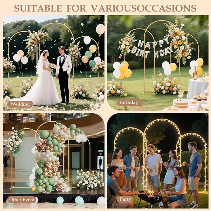 Metal Arch Backdrop Stand Set of 3(6 ft, 5 ft, 4 ft) Party Arch Stands for Wedding, Birthday, Baby Shower, Bridal Shower, Balloon Arched Frame for Garden Decor, Gold Floral Arches, 3 Pieces