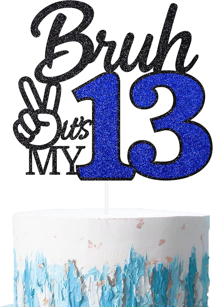 1 Pcs Bruh I'm 13 Cake Topper, Happy 13th Birthday Cake Pick, It's My 13th Birthday Party Decoration For Boys, Funny Boy Cheers To 13 Year Party Supply(Blue & Black)