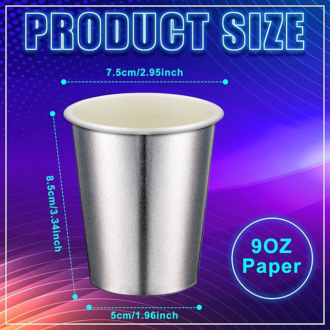 Amyhill 100 Pcs Disposable Silver Drinking Party Paper Cups 9 oz Iridescent Disco Lasering Cups for Hot Cold Drink Tea Coffee Cocktail for Home, Restaurant, Store and Cafe Party Supplies