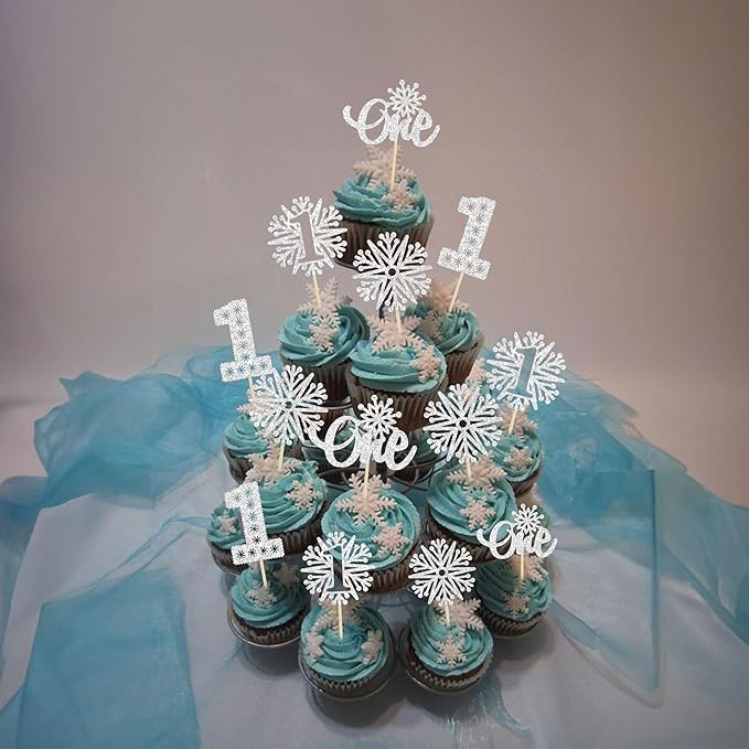 24Pcs Snowflake Cupcake Toppers Silver Glitter Winter Snowflake 1st Birthday Cupcake Picks First Birthday Cake Decorations for Winter Wonderland Kids 1st Birthday Party Supplies