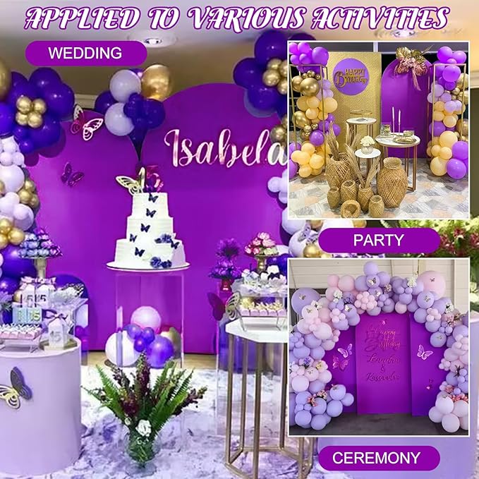 Metal Arch Stand and Cover Set,1 Purple Spandex Fitted Backdrop with 1 Gold Wedding Arched Stand Frame for Parties Birthday Baby Shower Bridal Banquet Decoration (7.2FT)