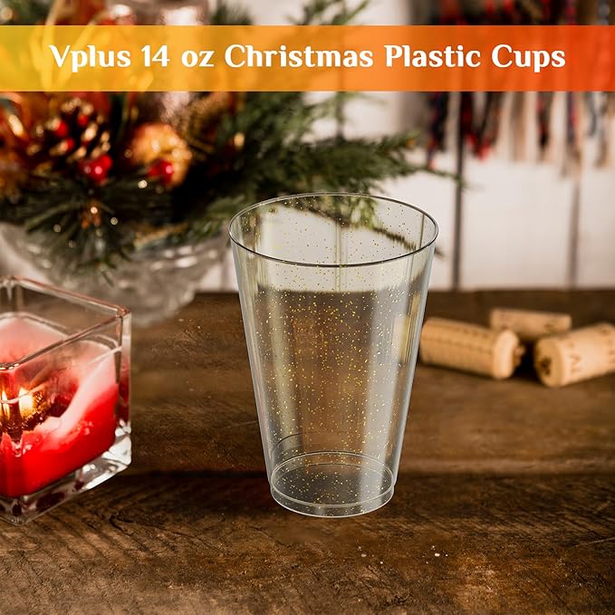 Vplus 100 Count 14 OZ Gold Glitter Heavy Duty Large Plastic Cups, Disposable Plastic Glasses Tumblers, Elegant Wedding Birthday Christmas Party Cups