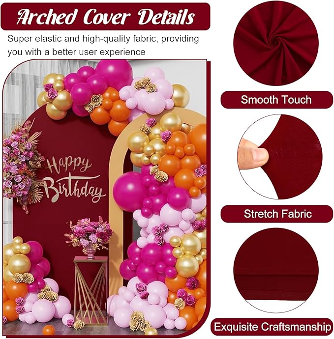 Metal Arch Stand and Cover Set,1 Burgundy Spandex Fitted Backdrop with 1 Gold Wedding Arched Stand Frame for Parties Birthday Baby Shower Bridal Banquet Decoration (6FT)