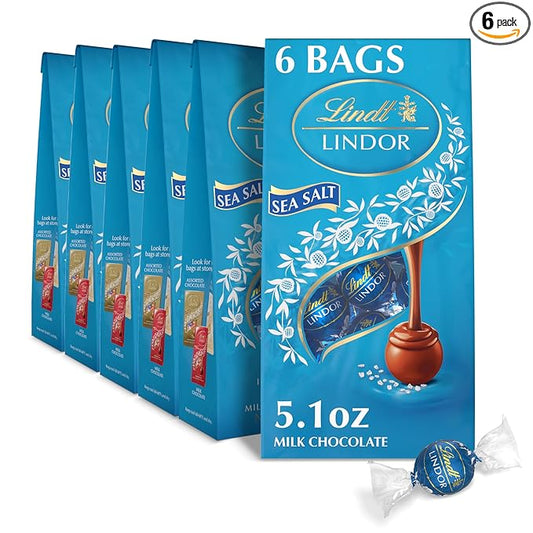 Lindt LINDOR Sea Salt Milk Chocolate Truffles, Milk Chocolate Candy with Smooth, Melting Truffle Center, Great for Gift Giving, 5.1 oz. Bag (6 Pack)