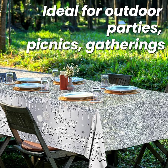 Happy Birthday Tablecloth,3pcs Sliver Table Cloths for Parties Glitter Sliver Birthday Decoration for Women Men’s 18th 21st 30th 40th 60th 70th Birthday Party Supplies