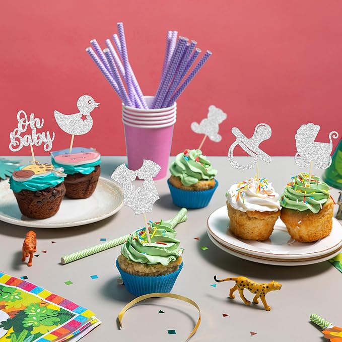 Gyufise 36Pcs Oh Baby Cupcake Toppers Glitter Pacifier Baby Carriage Bear Baby Shower Cupcake Picks for Gender Reveal Baby Shower Kids Birthday Party Supplies Silver