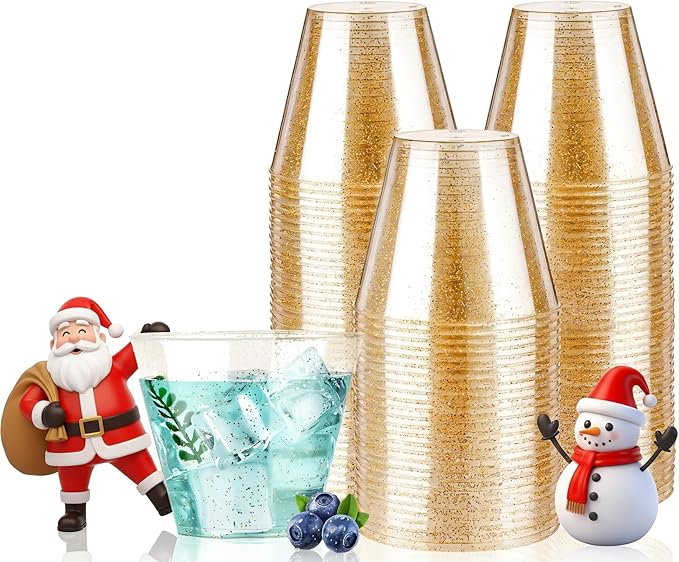 Goodluck 9 oz 100 PCS Gold Glitter Plastic Cups, Disposable Glitter Cups, Elegant Plastic Cocktail Glasses, Fancy Party Cups for Wedding, Birthday, Holiday