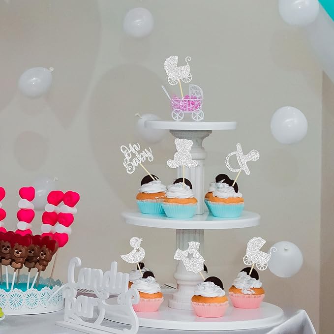 Gyufise 36Pcs Oh Baby Cupcake Toppers Glitter Pacifier Baby Carriage Bear Baby Shower Cupcake Picks for Gender Reveal Baby Shower Kids Birthday Party Supplies Silver
