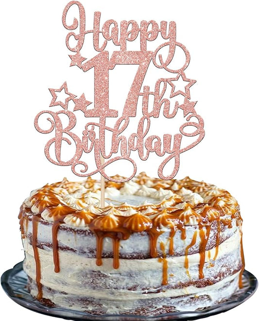 1 PCS Happy 17th Birthday Cake Topper Glitter Cheers to 17 Years Birthday Cake Pick Hello 17 Fabulous Cake Decoration for Happy 17th Birthday Anniversary Party Decorations Supplies Rose Gold