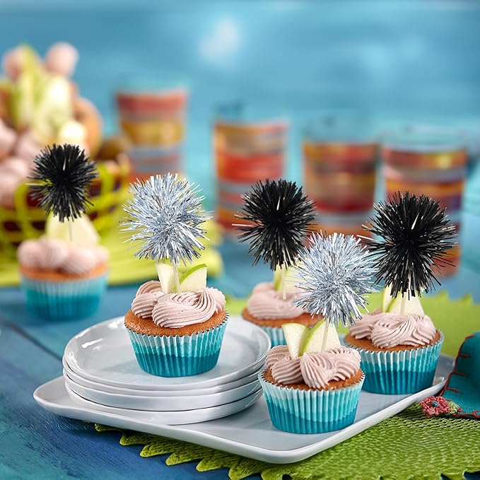 Gyufise 30Pcs Foil Firework Cupcake Toppers Sparkle Tinsel Cake Toppers Tinsel Drink Cake Decoration Cocktail Picks for Birthday Wedding Graduation Party Supplies Black Silver