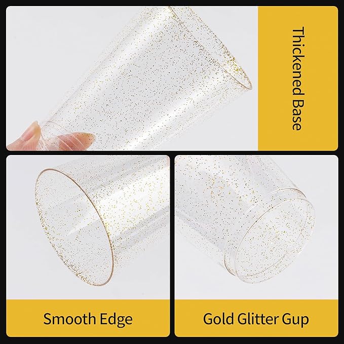 Goodluck 12 oz 100 PCS Gold Glitter Plastic Cups, Disposable Glitter Cups, Elegant Plastic Cocktail Glasses, Fancy Party Cups for Wedding, Birthday, Holiday
