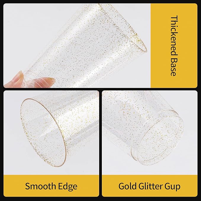 Goodluck 12 oz 200 PCS Gold Glitter Plastic Cups, Disposable Glitter Cups, Elegant Plastic Cocktail Glasses, Fancy Party Cups for Wedding, Birthday, Holiday