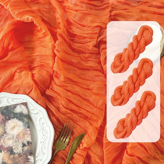 FEXIA 3 Pack Orange Fall Table Runner 35x120 Inches for Baby Shower Decoration Gauze Rustic Table Runner for Wedding Party First Communion Centerpiece Engagement Bridal Shower Boho Decoration