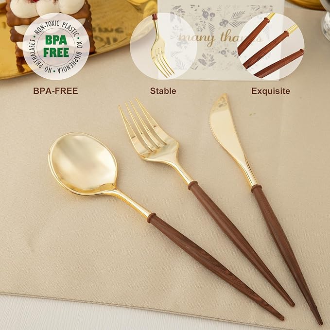 N9R 90Pcs Gold Plastic Silverware Heavy Duty, Elegant Disposable Plastic Silverware with Wood Grain Handle, Gold Plastic Cutlery Set Include 30 Forks, 30 Spoons, 30 Knives Perfect for Wedding, Party