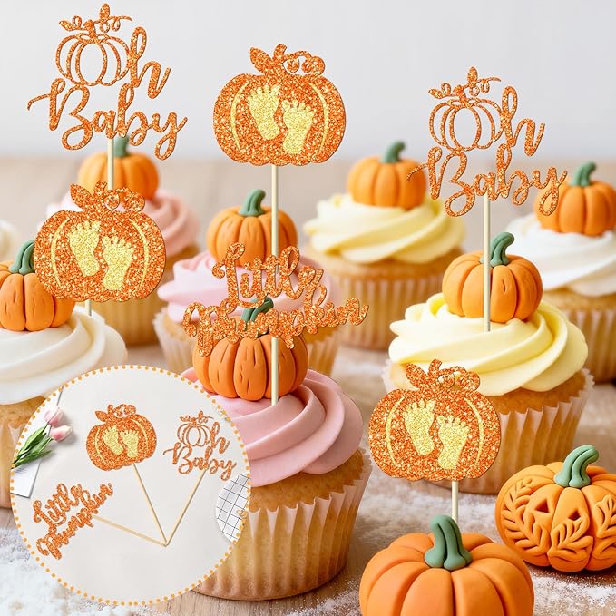 Little Pumpkin Cupcake Toppers, 24 Pcs Glitter Pumpkin Cupcake Picks Little Pumpkin Baby Shower Decorations Little Pumpkin Baby Shower Party Supplies