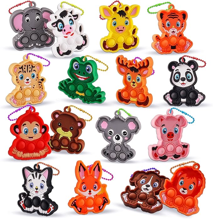 Kiss Monkey Kids Party Favors 16PCS Animal Sensory Toys, Mini Pop Fidget Toys Keychain, Goodie Bag Stuffers, Birthday Gifts, Small Prizes for Kids, Classroom Rewards