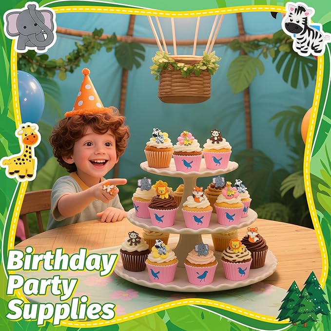 24 PCS Jungle Animals Cupcake Toppers Forest Theme Cupcake Ring Lion Monkey Zebra Fox Giraffe Elephant Cake Topper for Birthday Baby Shower Oh Baby Party Favor Nursery Wild Party Supplies