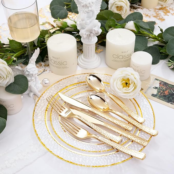 Nervure 300PCS Gold Hammered Plastic Silverware - Heavy Duty Plastic Cutlery - Gold Disposable Utensils Includes 100 Forks, 100 Knives, 100 Spoons Perfect for Wedding & Party
