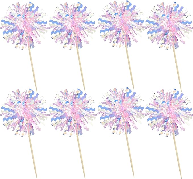 Ephlyn 30Pcs Foil Firework Cupcake Toppers Firework Cake Toppers Tinsel Flower Drink Stirrers Cocktail Food Fruit Toothpicks for Valentine's Day Party Decorations Pink