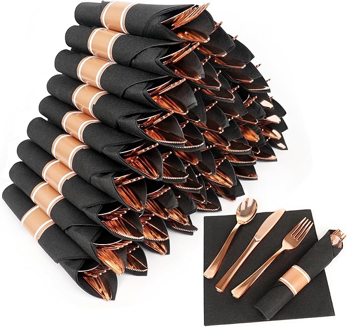 50 Pack Pre Rolled Rose Gold Plastic Silverware Set,Wrapped Plastic Cutlery Set with Napkin Include 50 Forks,50 Spoons,50 Knives and 50 Black Napkins for Party, Wedding,Christmas