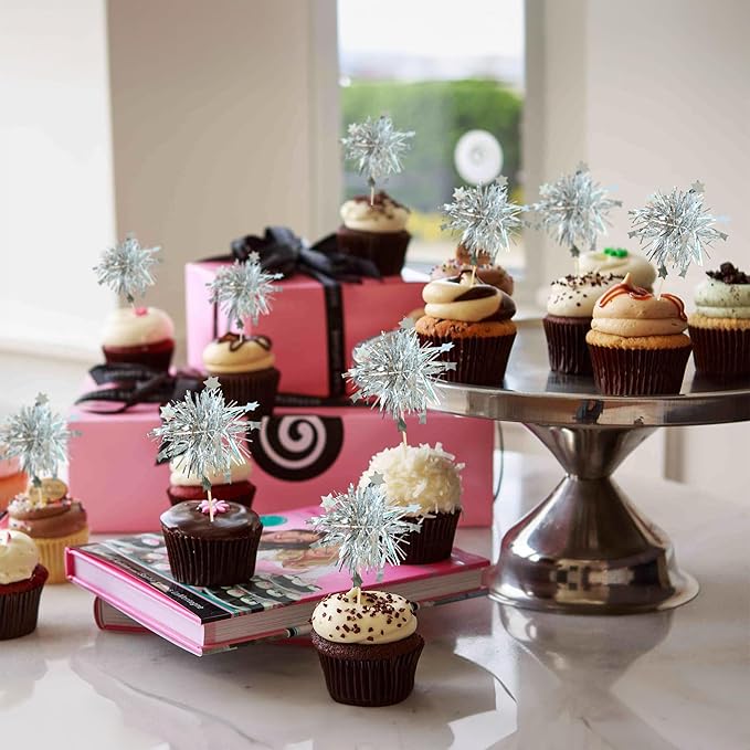 Gyufise 30Pcs Foil Firework Cupcake Toppers Sparkle Tinsel Star Cake Toppers Tinsel Drink Cake Decoration Cocktail Picks for Birthday Wedding Graduation Party Supplies Silver