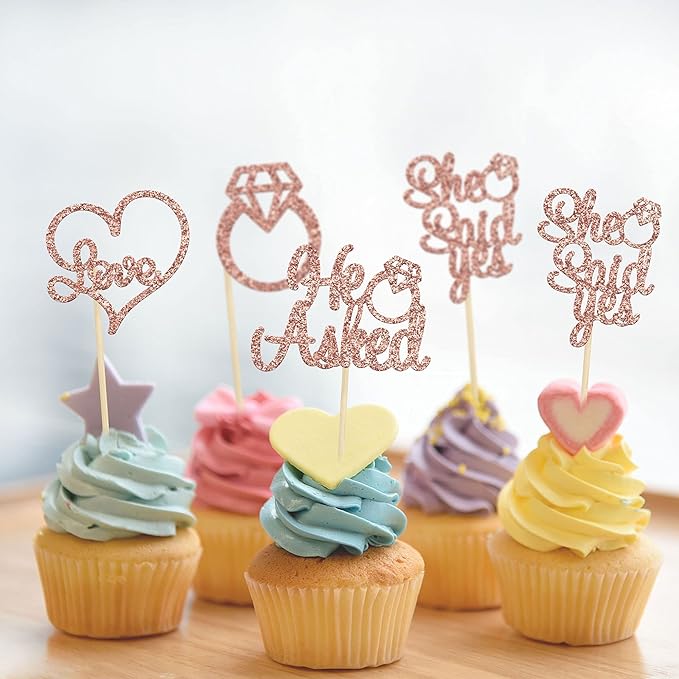 Gyufise 24Pcs Rose Gold He Asked She Said Yes Cupcake Toppers Diamond Ring Heart Cake Picks for Wedding Engagement Party Cake Decorations
