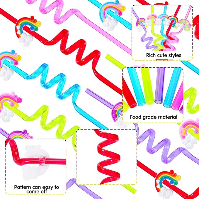 25 Reusable Colorful Rainbow Drinking Straws - Fun Rainbow Cloud Birthday Party Favors for Kids