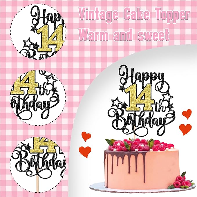 1 PCS Happy 14st Birthday Cake Topper Black Gold Glitter Cheers to 14 Years Birthday Cake Pick Hello 14 Fabulous Cake Decoration for Happy 14st Birthday Anniversary Party Decorations Supplies