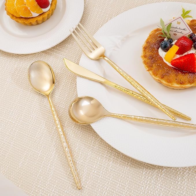 LIYH 102 Pcs Gold Plastic Silverware Cutlery Sets - Disposable Plastic Silverware Heavyduty, Disposable Utensil Sets, 34 of Each Forks, Knives & Spoons Flatware Set for Party Birthday